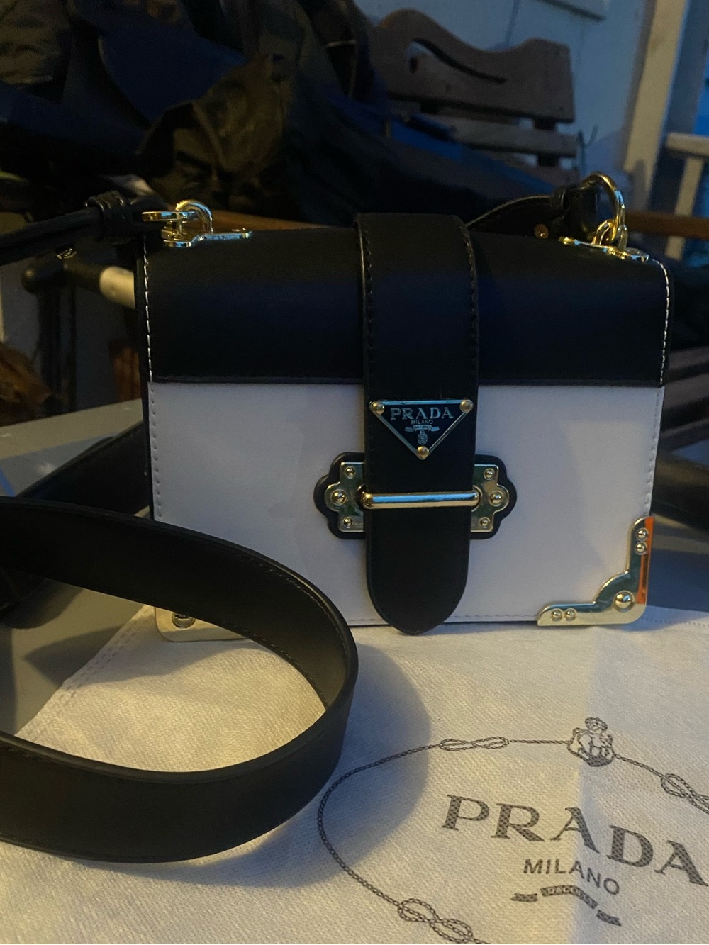 Unknown Black and White Leather Satchel with Gold Hardware or